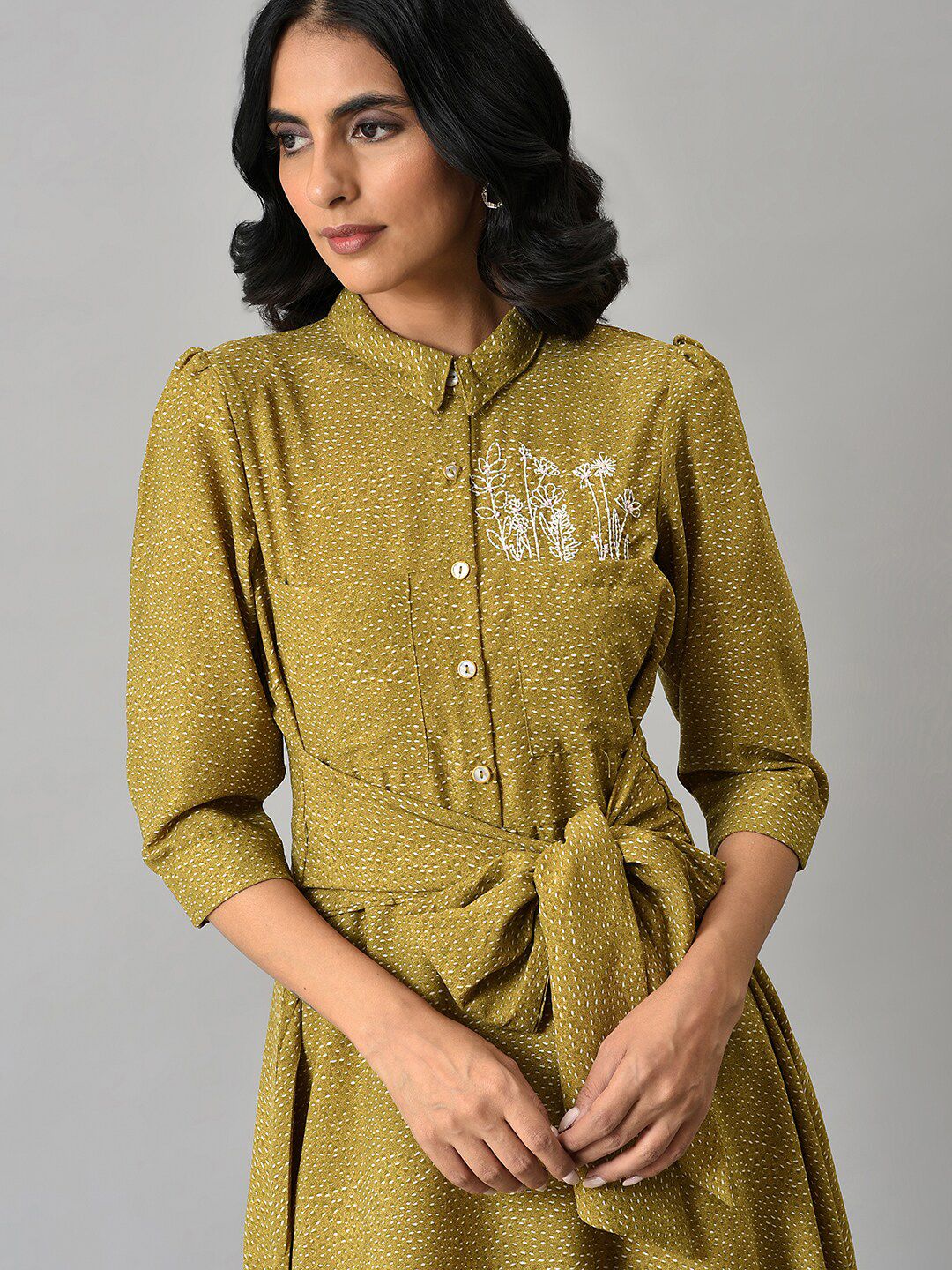 W Women Mustard Waist Belted A-Line Midi Dress