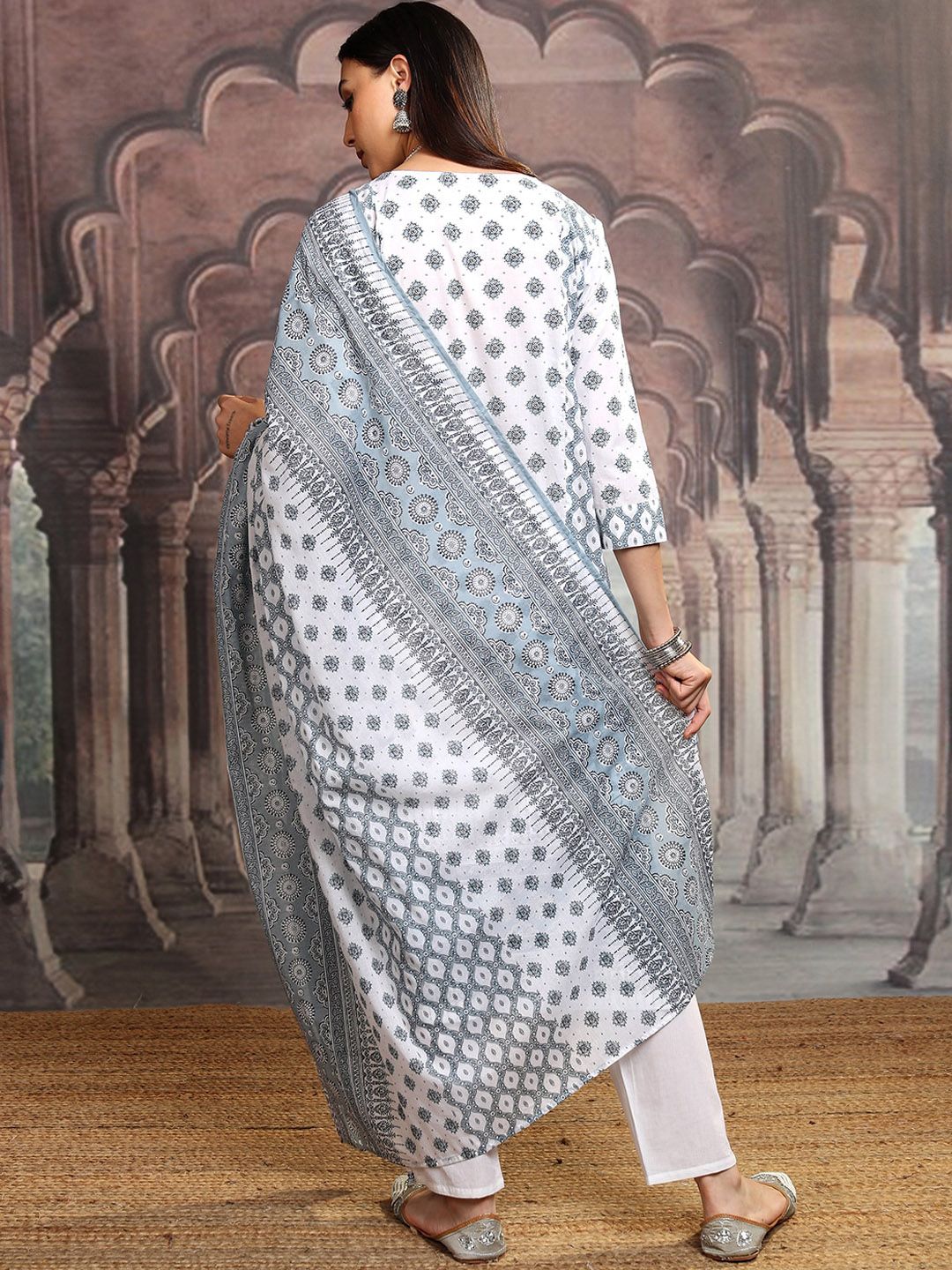 Vishudh White Floral Printed Pure Cotton Straight Kurta With Trousers & Dupatta