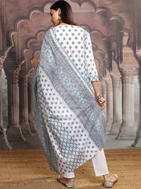 Vishudh White Floral Printed Pure Cotton Straight Kurta With Trousers & Dupatta