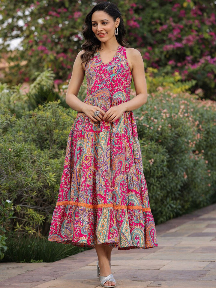 Rain & Rainbow Ethnic Motifs Printed Maxi Fit & Flare Tiered Pure Cotton Ethnic Dress
