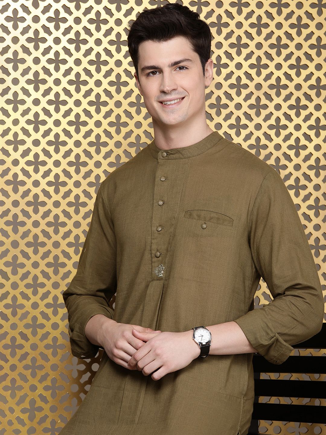 House of Pataudi Pure Cotton Solid Rozana Kurta