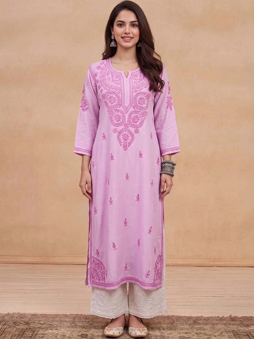 Rumah Wanita Chikankari Motif Etnik Bersulam Kurta Chikankari