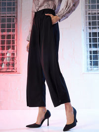 SASSAFRAS Women Black Mid-Rise Pleated Parallel Trousers