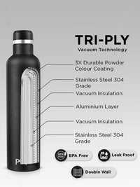 Pexpo Oreo Black Thermosteel ISI Certified 24 Hrs Hot Vacuum Flask Water Bottle 1000ml