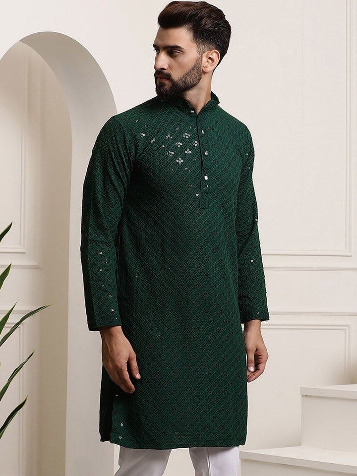 SOJANYA Mandarin Collar Sequins Embellished Pure Cotton Straight Kurta