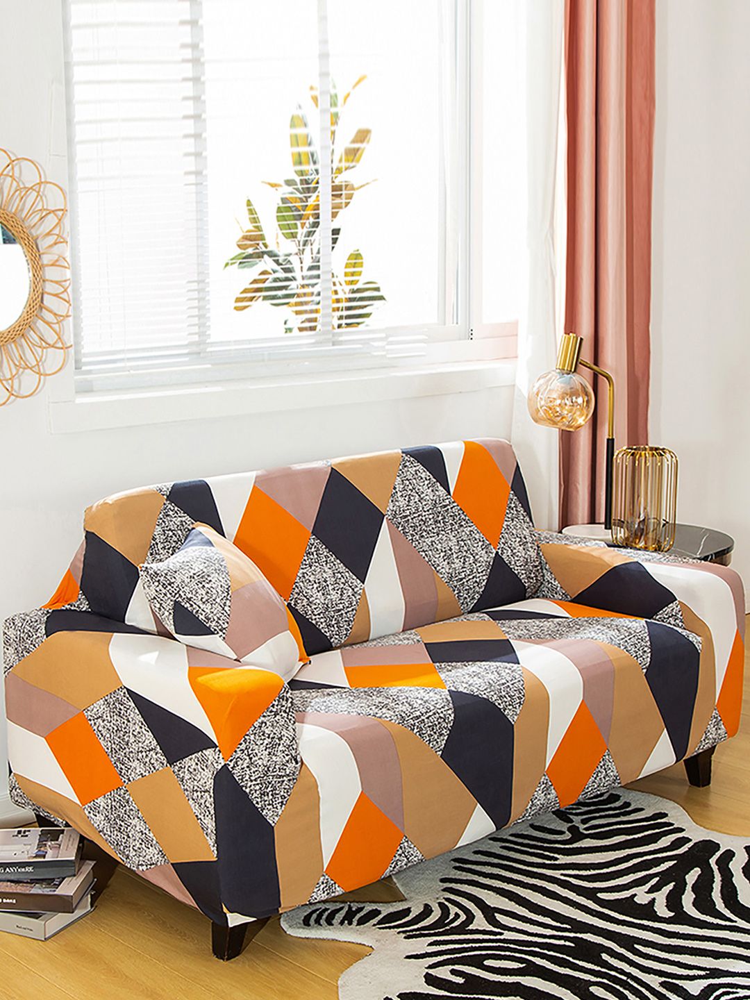 Story@home Orange & Beige Printed 3 Seater Stretchable Sofa Cover With Arms