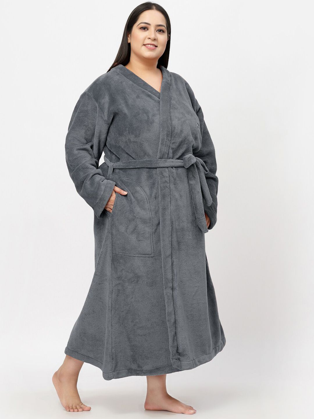 KLOTTHE Women Plus Size Solid Woolen Bath Robe With Belt