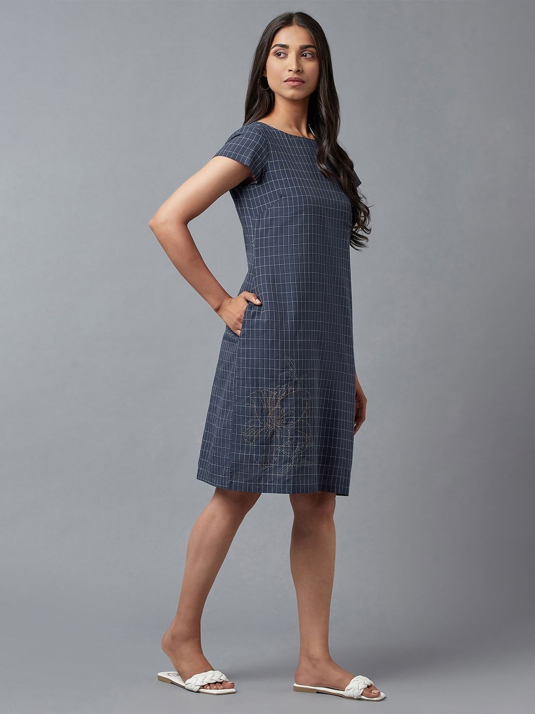 W Blue Checked Pure Cotton Sheath Dress