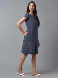 W Blue Checked Pure Cotton Sheath Dress