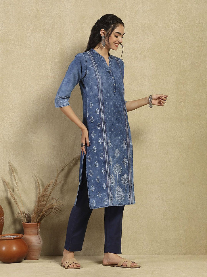 House of Chikankari Women Blue Denim Hand Embellished Kurta