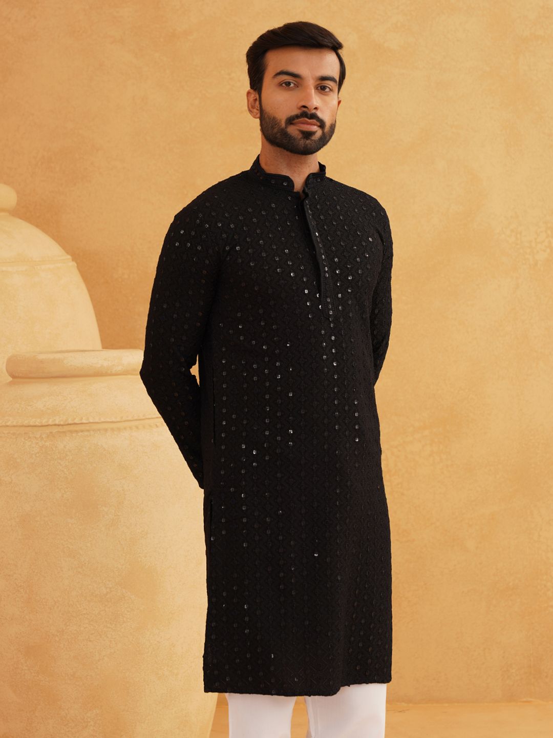 SOJANYA Self Design Thread Work Mandarin Collar Kurta