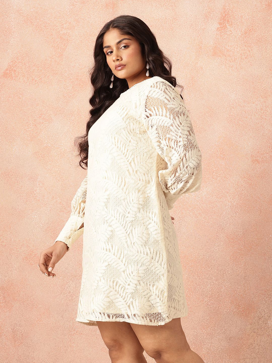 all about you Plus Size Tropical Self-Design Cuffed Sleeves Sheath Dress with Lace Inserts