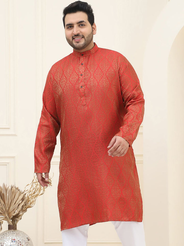 SOJANYA PLUS Men Red & Golden Jacquard Silk Woven Design Straight Kurta