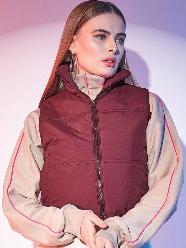 STREET 9 Maroon Stand Collar Lightweight Sleeveless Crop Puffer Jacket