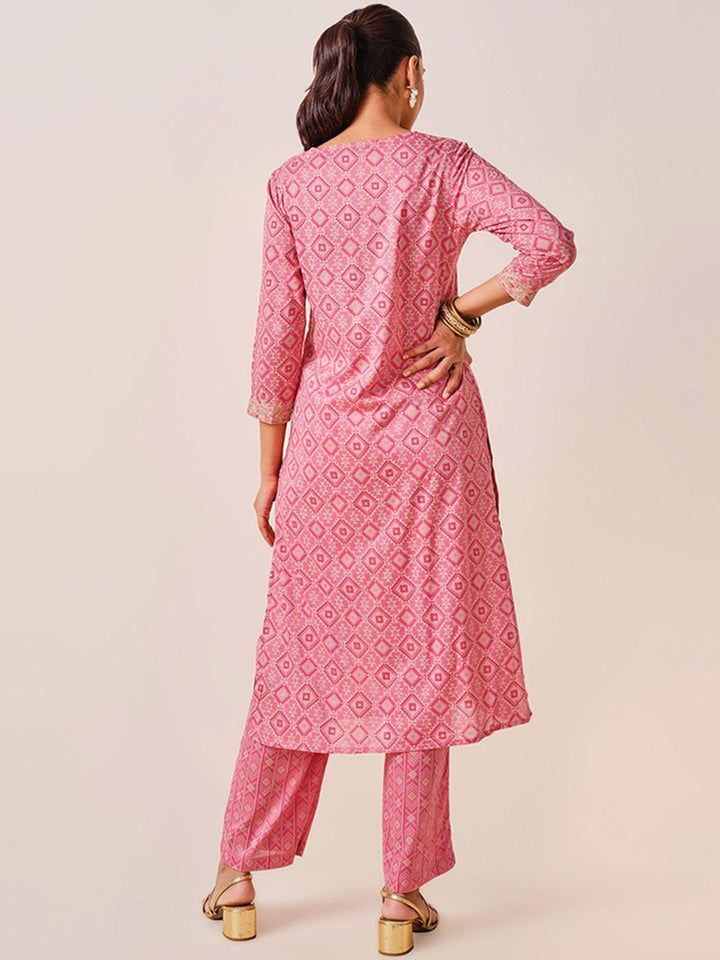 Global Desi Geometric Printed Sequinned A-Line Kurta With Palazzo