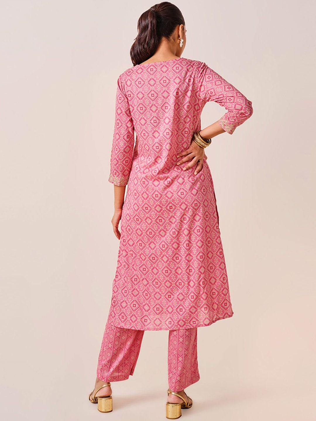 Global Desi Geometric Printed Sequinned A-Line Kurta With Palazzo