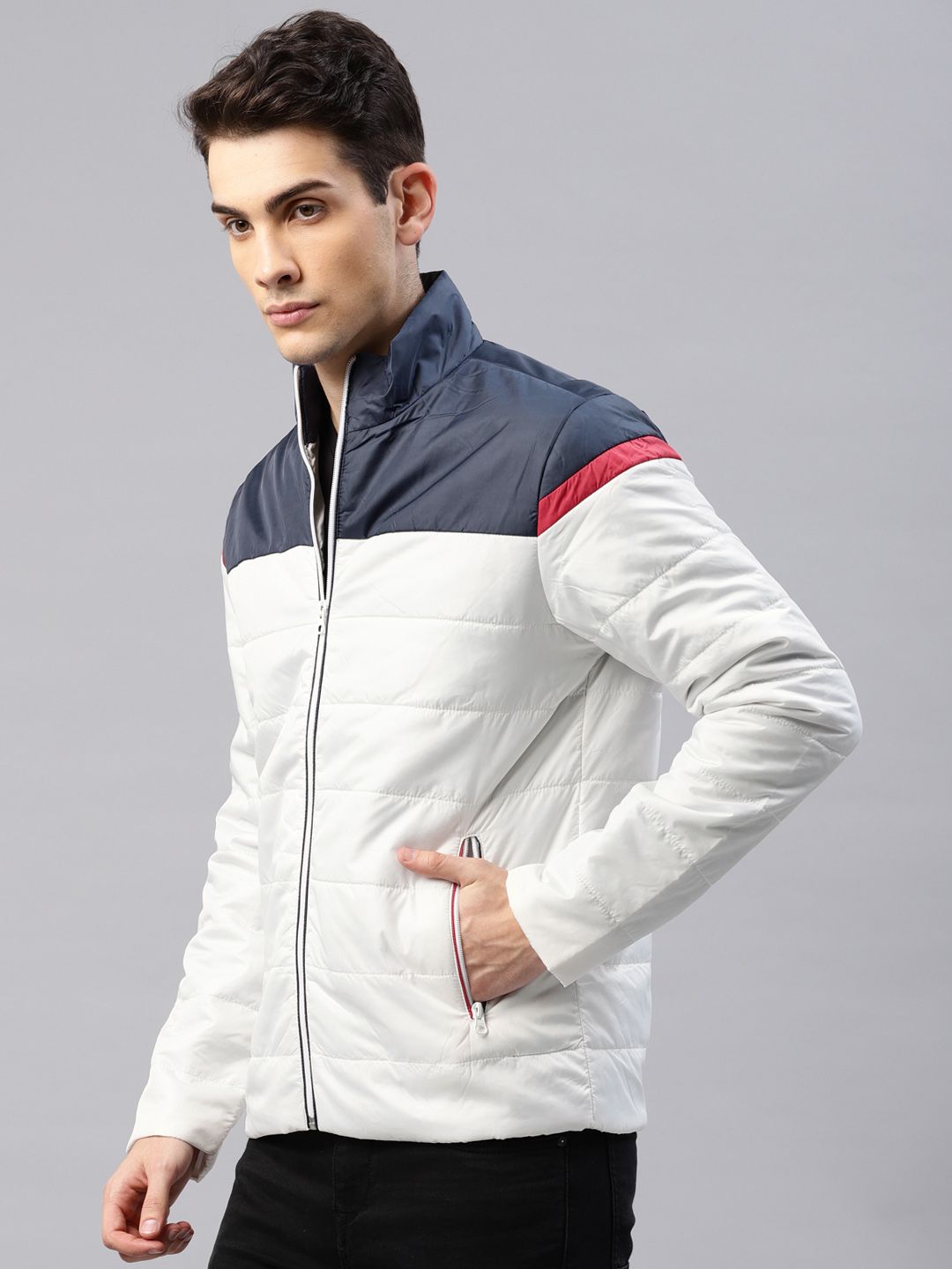 HRX by Hrithik Roshan Men White & Navy Blue Colourblocked Padded Jacket