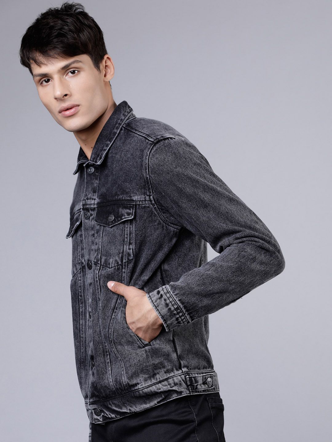 HIGHLANDER Men Grey Washed Denim Jacket