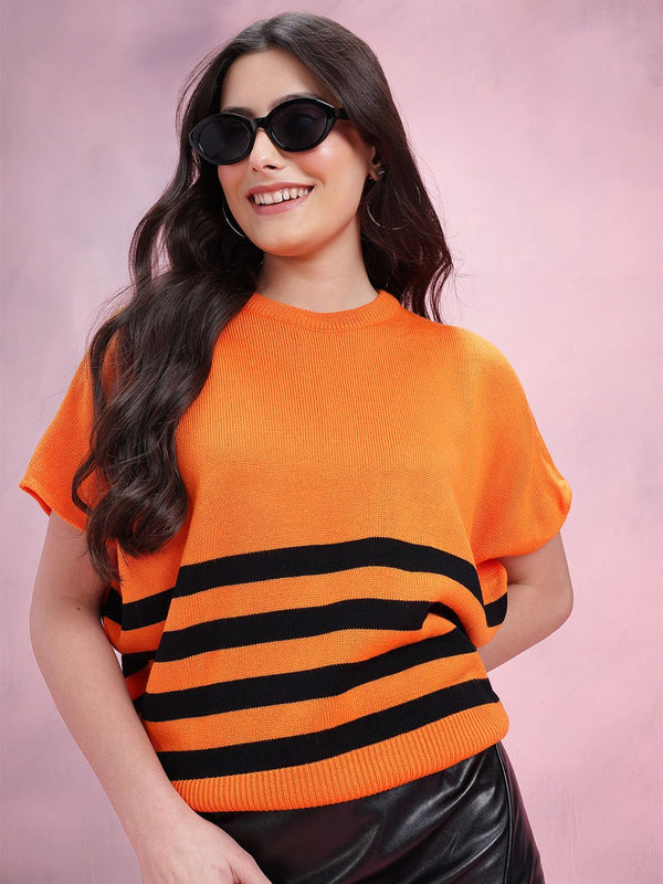 Dressberry Striped Round Neck Extended Sleeves Pullover