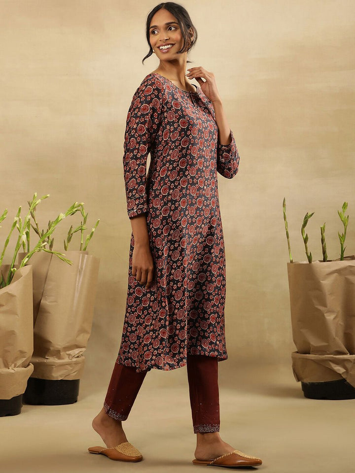 W Abstract Printed Keyhole Neck Flared Sleeves A-Line Kurta
