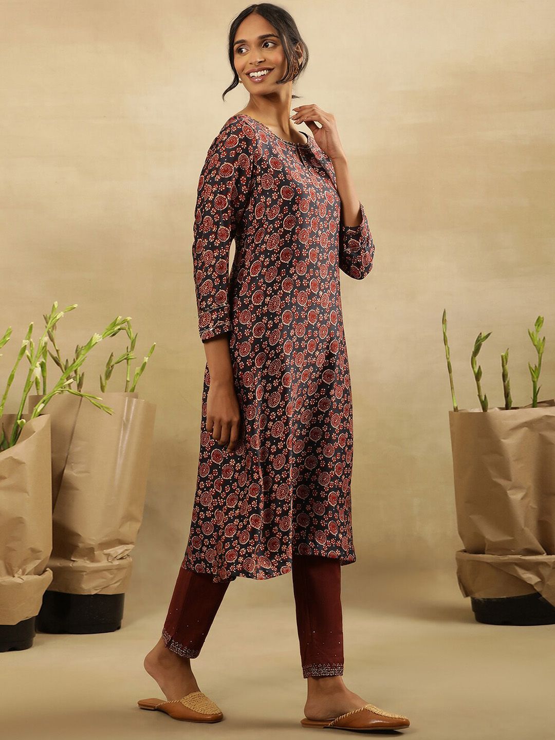 W Abstract Printed Keyhole Neck Flared Sleeves A-Line Kurta