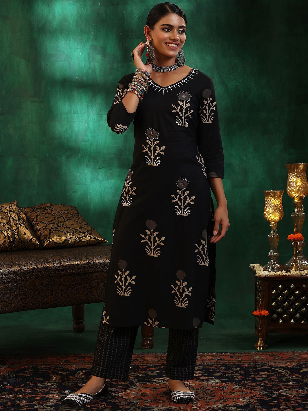 Libas Women Floral Printed Regular Beads and Stones Pure Cotton Kurta with Trousers