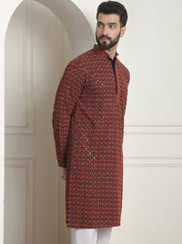 SOJANYA Kolar Mandarin Sulam Geometrik Lengan Panjang Kurta Lurus
