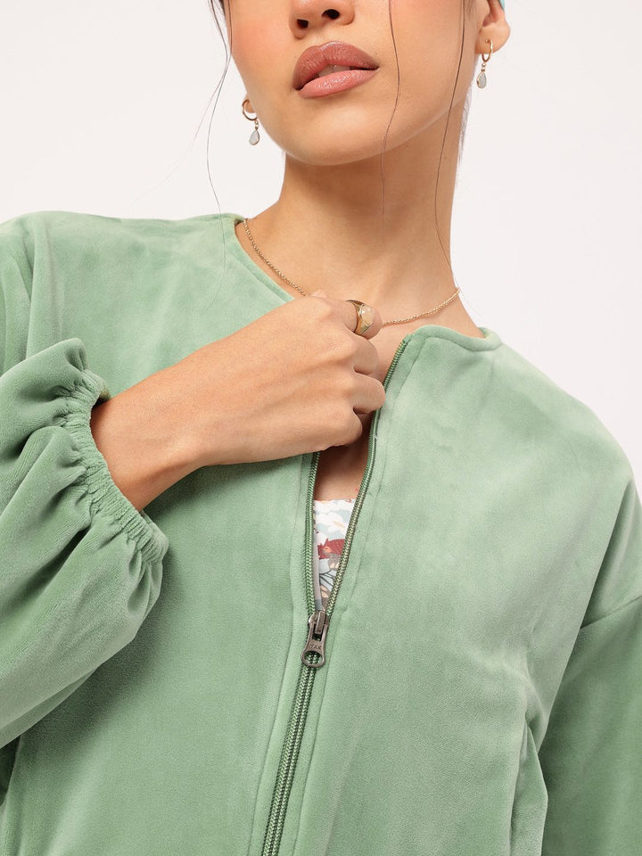 DressBerry Chill Mode On Velour Finish Dramatic Puff Sleeves Crop Jacket