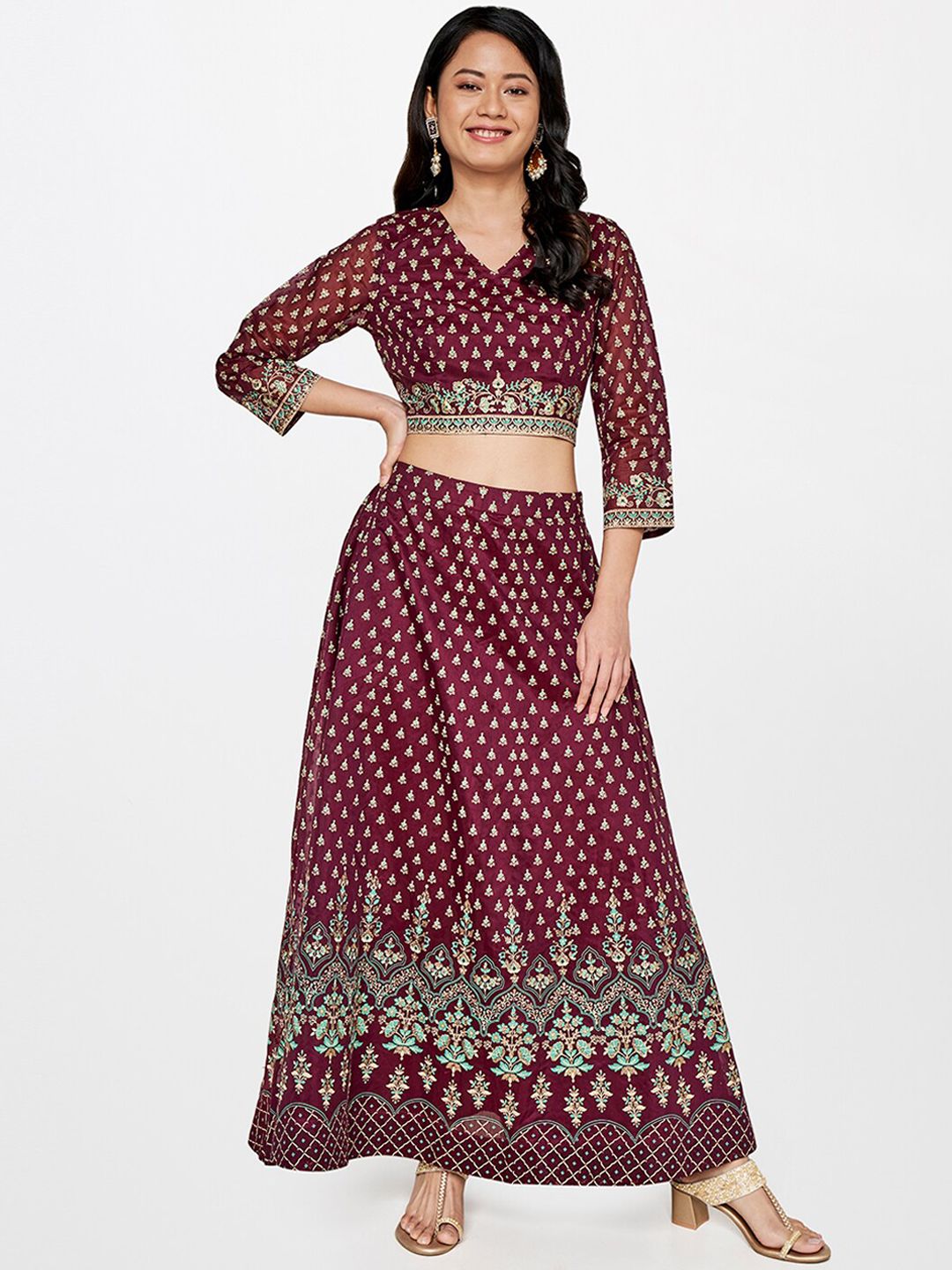 Global Desi Women Maroon Printed Straight Skirts