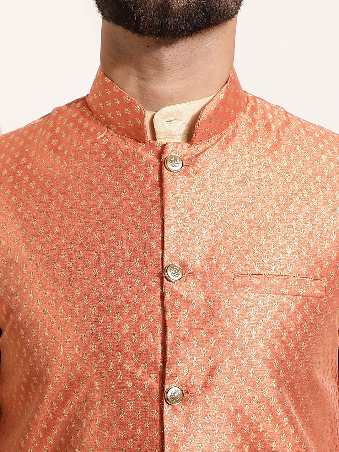 SOJANYA Men Solid Kurta with Churidar & Woven Design Nehru Jacket