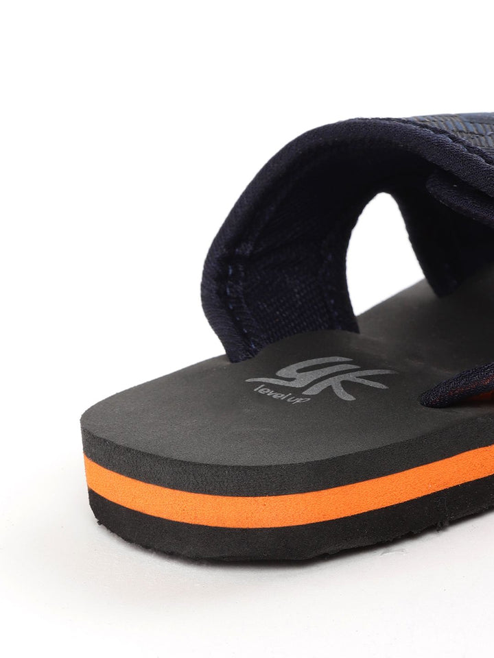 YK Boys Navy Blue & Orange Chevron Textured Sliders with Cut-Out Detail