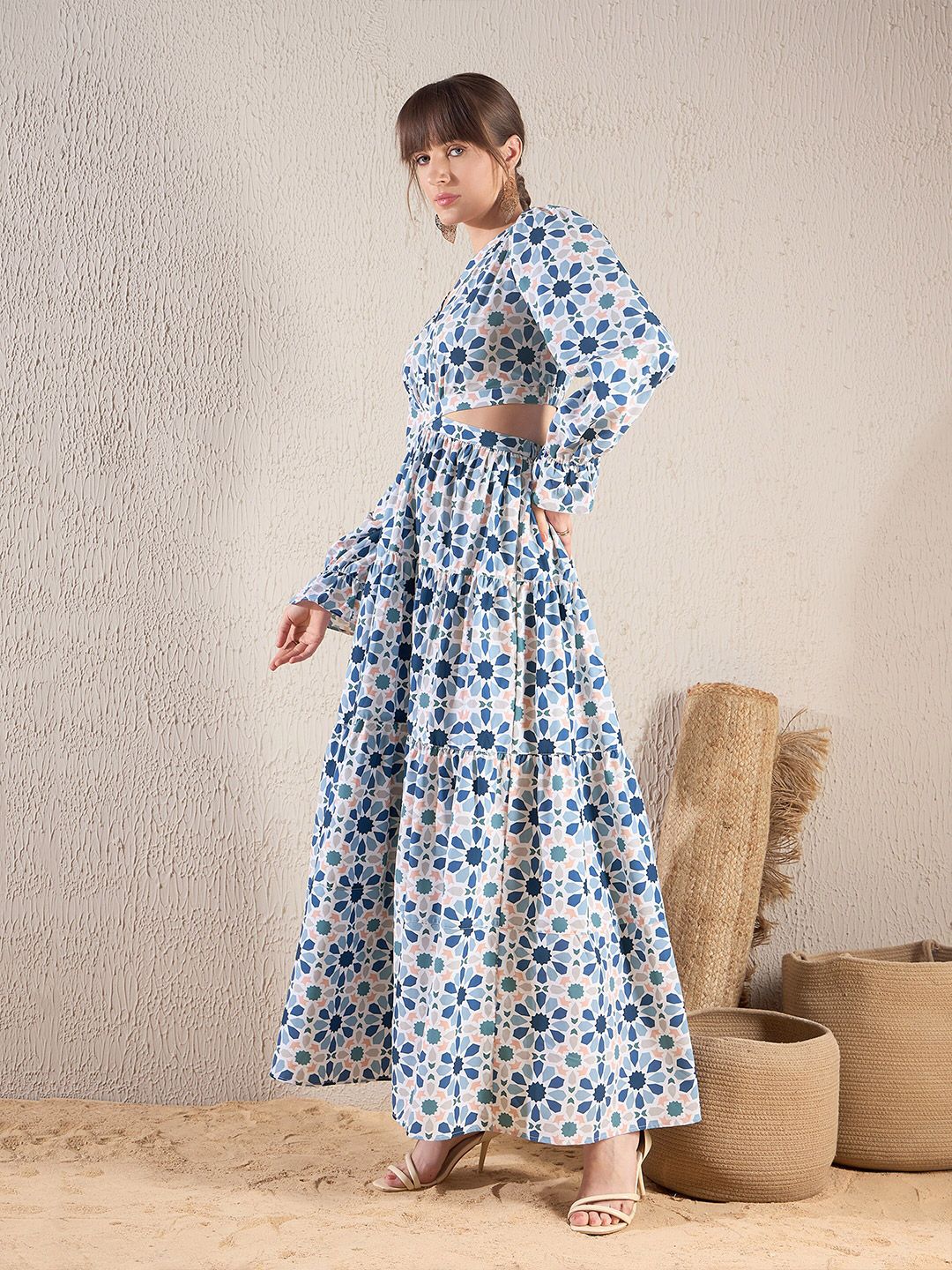 SASSAFRAS Teal Blue Floral Printed V Neck Cut Out Tiered Maxi Dress