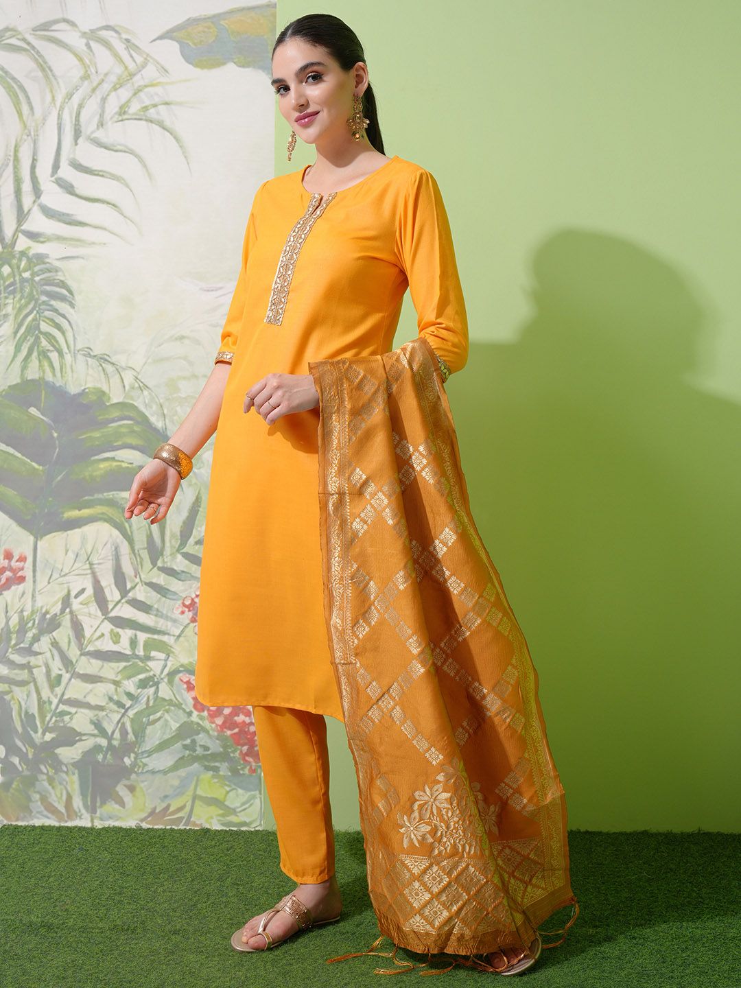 Vishudh Yellow Round Neck Embellished Straight Kurta & Palazzos With Dupatta