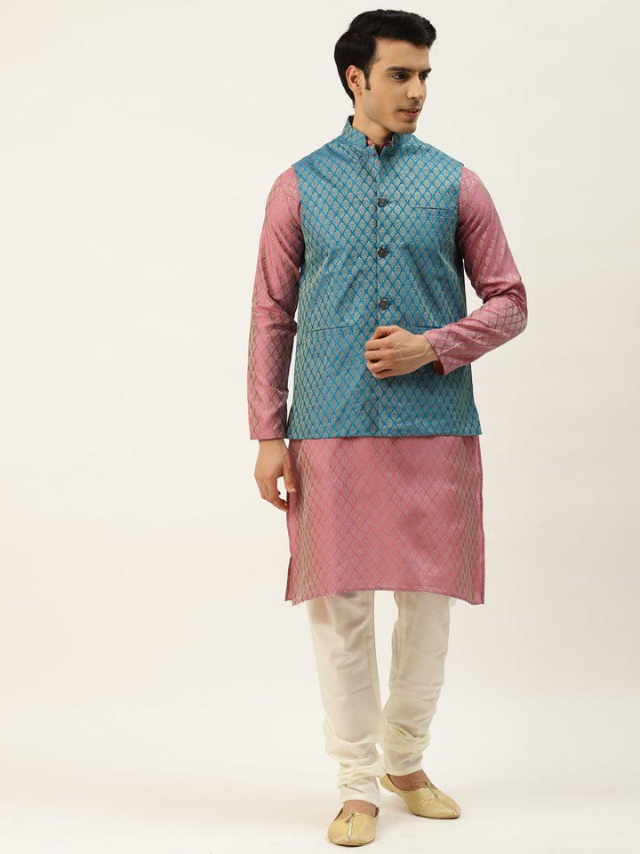 SOJANYA Kurta Rekaan Diri Lelaki Pink & Golden dengan Jaket Churidar & Nehru