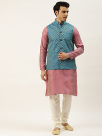 SOJANYA Kurta Rekaan Diri Lelaki Pink & Golden dengan Jaket Churidar & Nehru