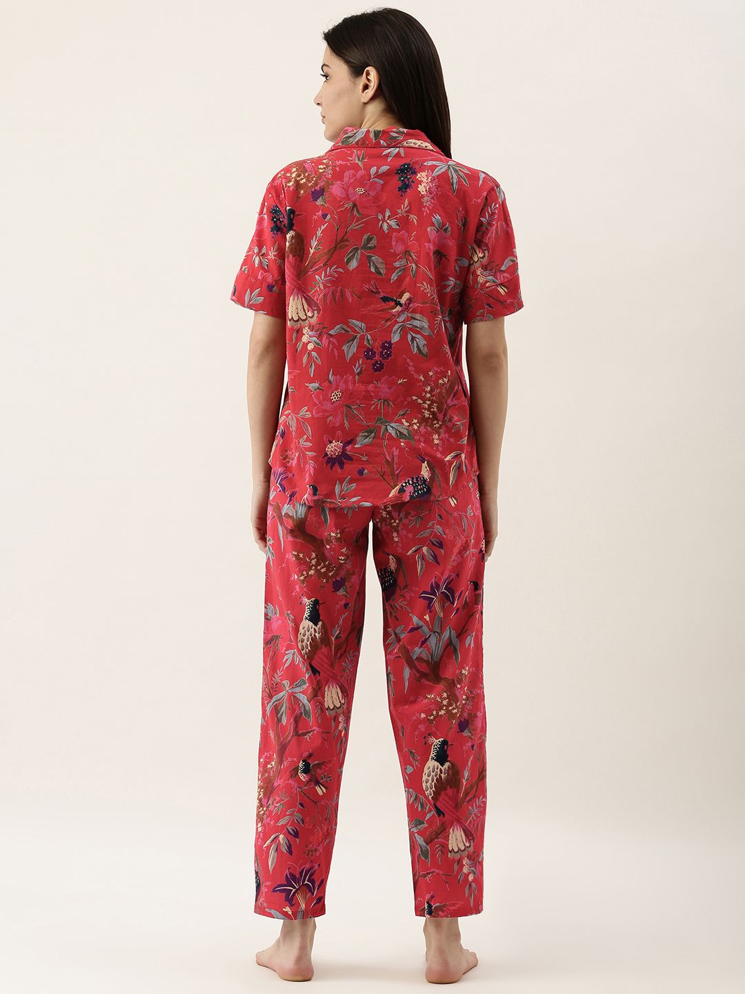 Sanskrutihomes Wanita Red & Grey Printed Pure Cotton Night Suit