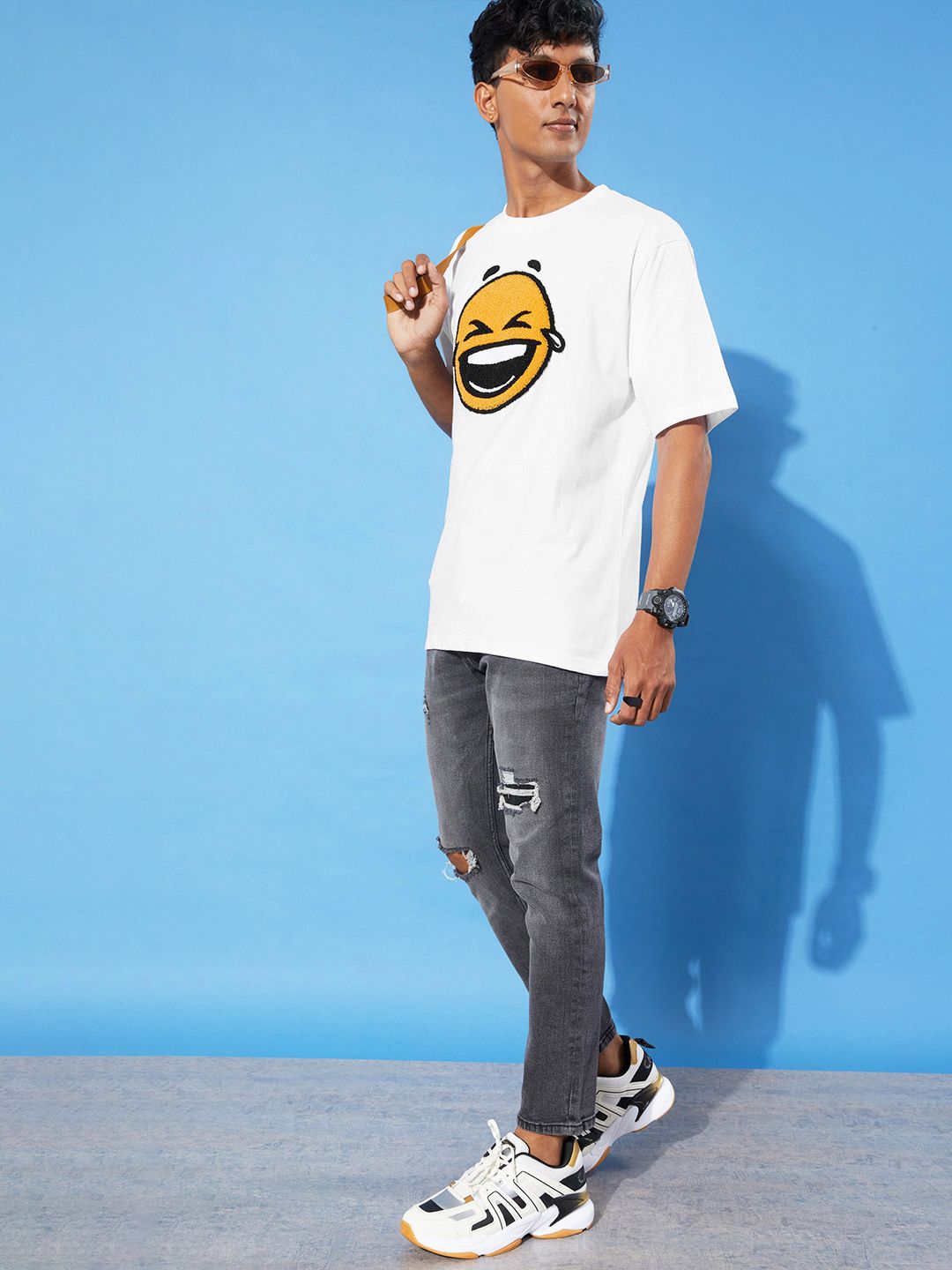 Difference of Opinion Men White Embroidered Oversize Pure Cotton Longline T-shirt