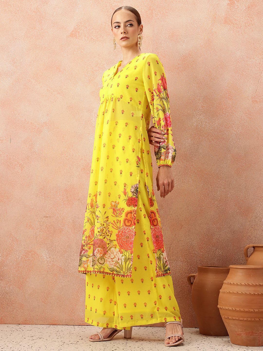 all about you Women Floral Printed Pleated Kurta with Trousers & Dupatta