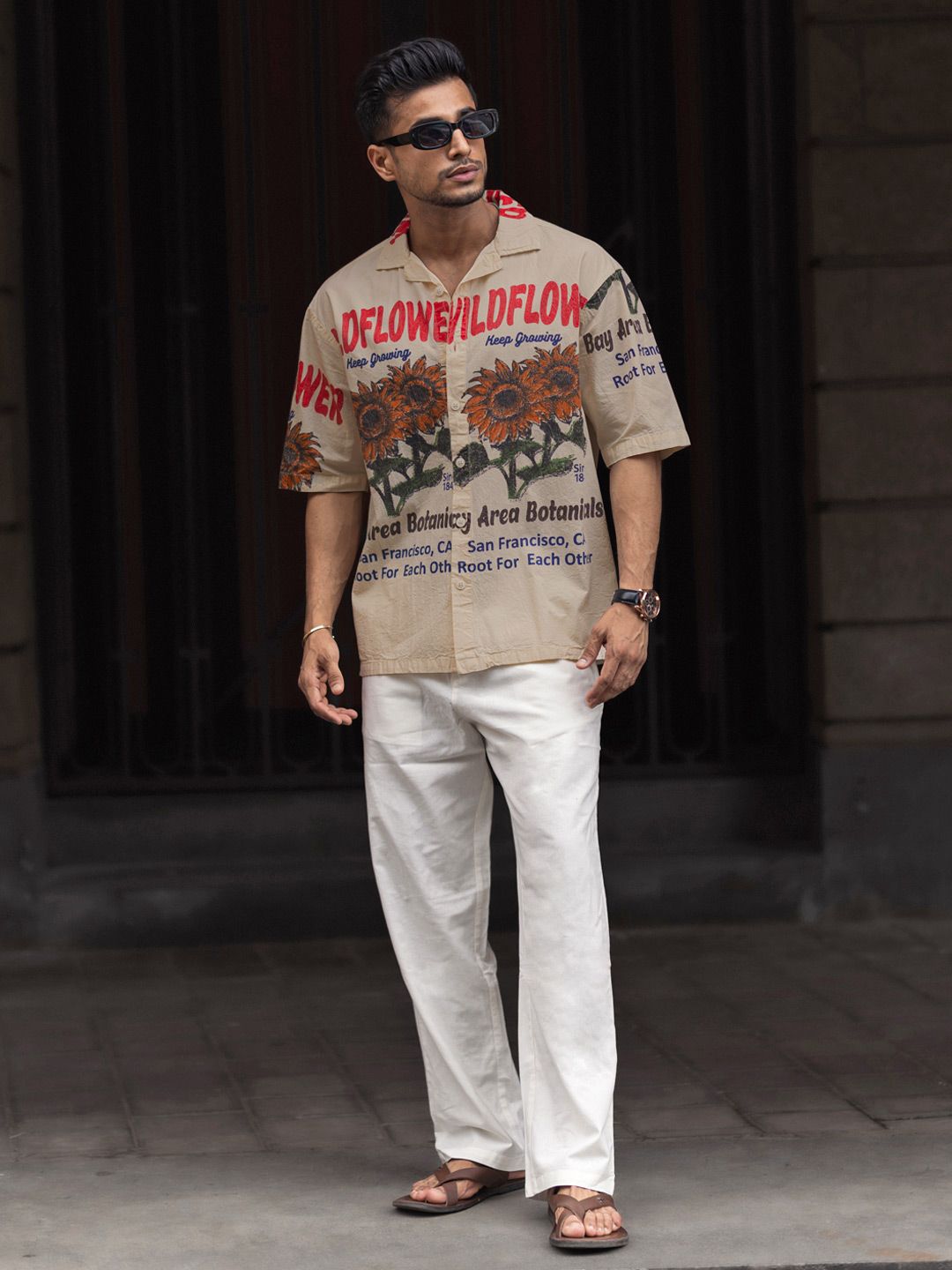 Powerlook Cuban Collar Geometric Printed Pure Cotton Oversized Casual Shirt