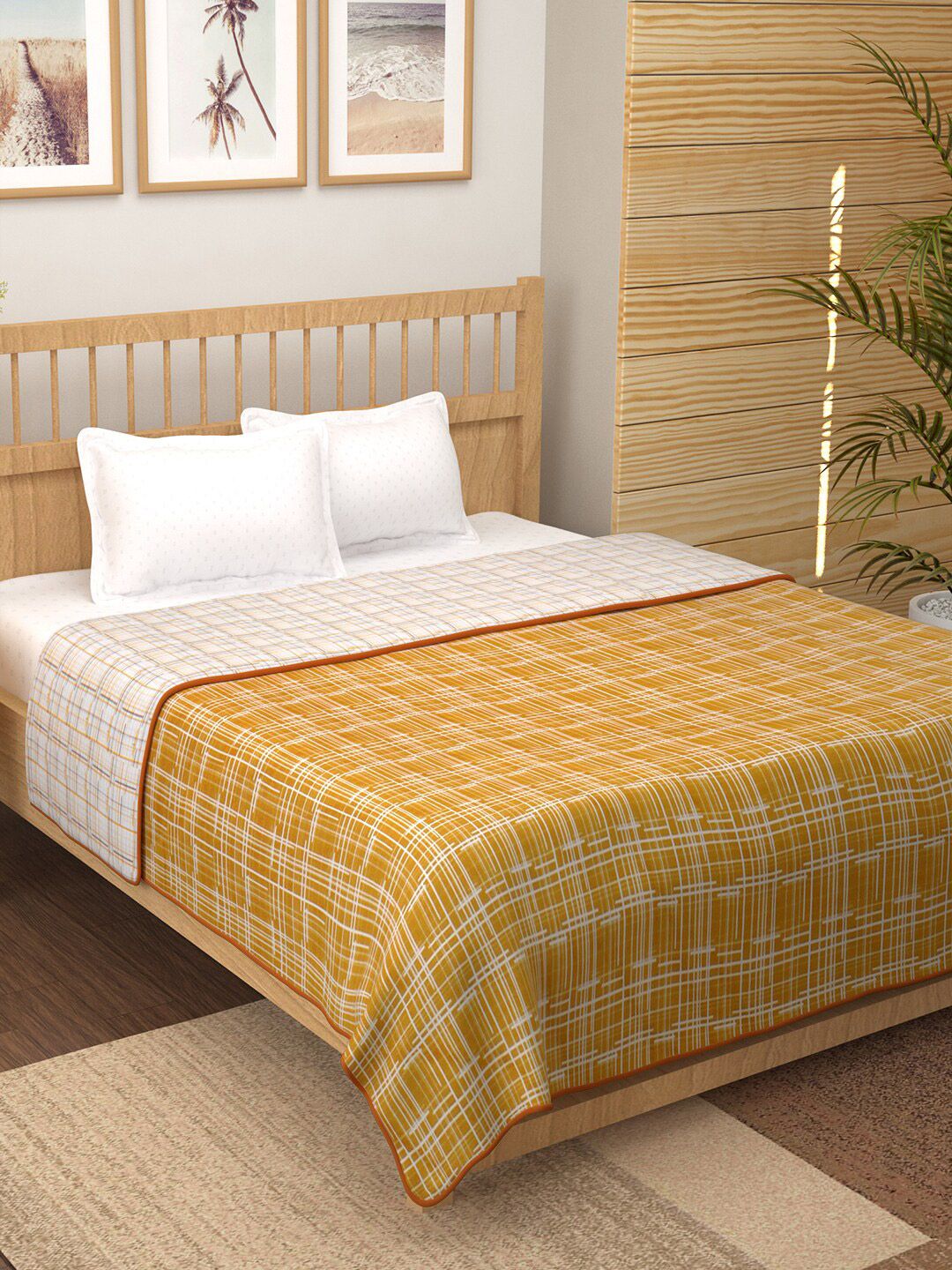Story@home Yellow & White Striped AC Room 150 GSM Reversible Cotton Double Bed Dohar