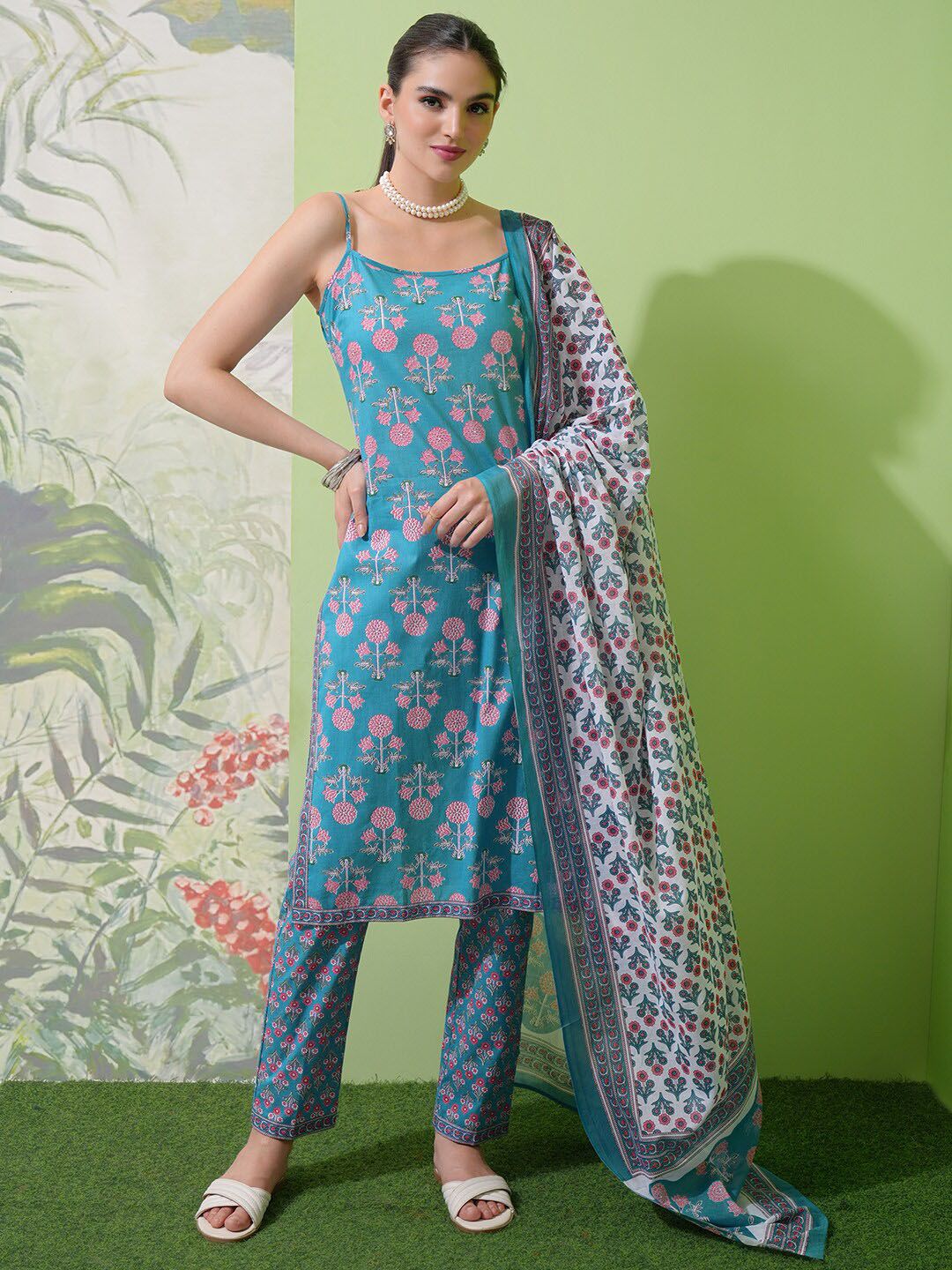 Vishudh Blue Floral Printed Pure Cotton Straight Kurta With Trousers & Dupatta