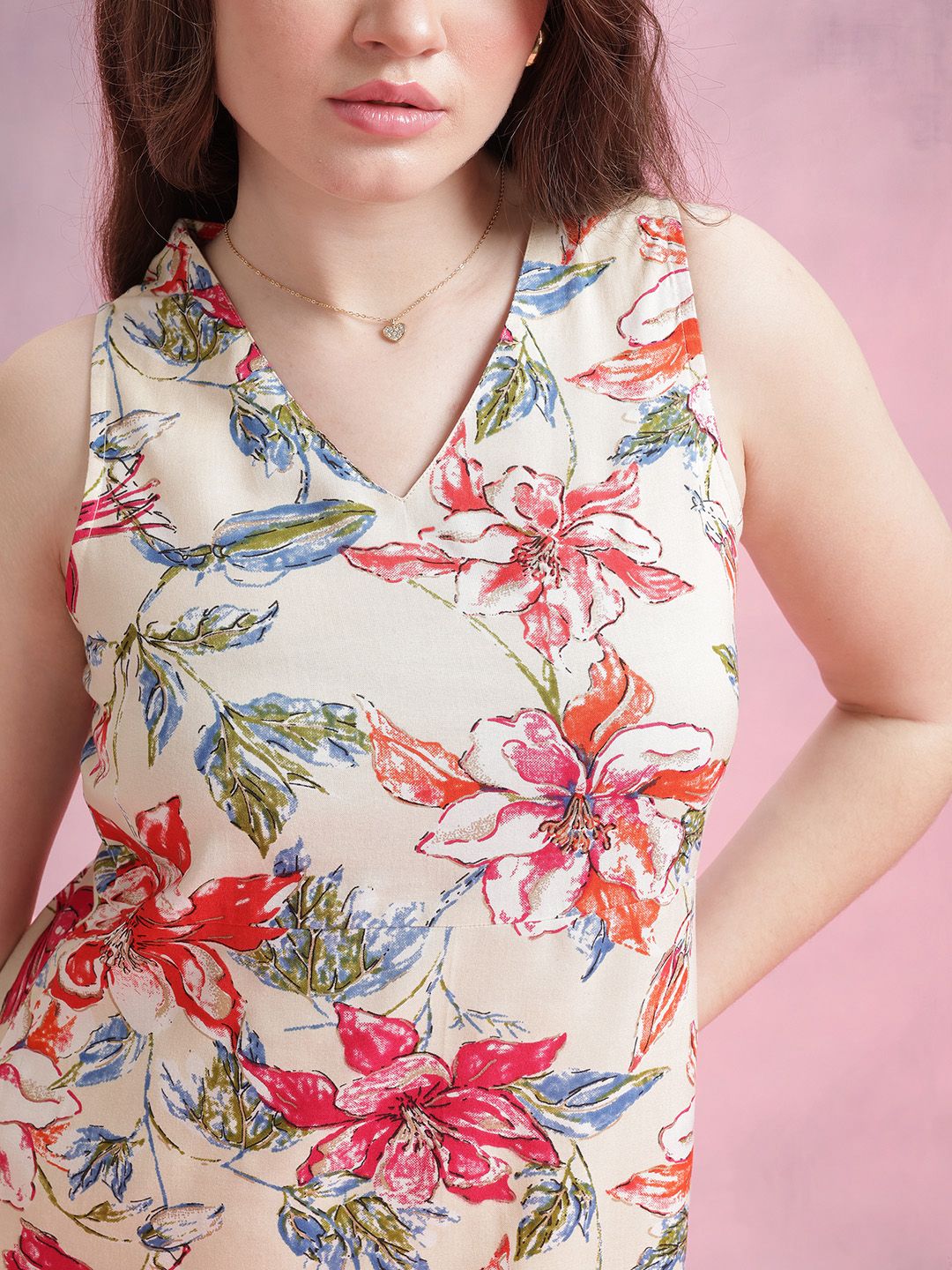 DressBerry Floral Print V-Neck Midi A-Line Dress