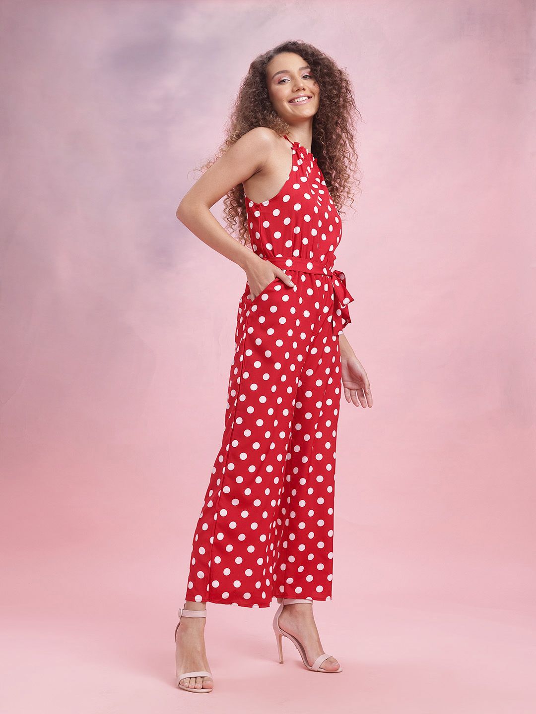 DressBerry Polka Dots Print Basic Jumpsuit with Belt