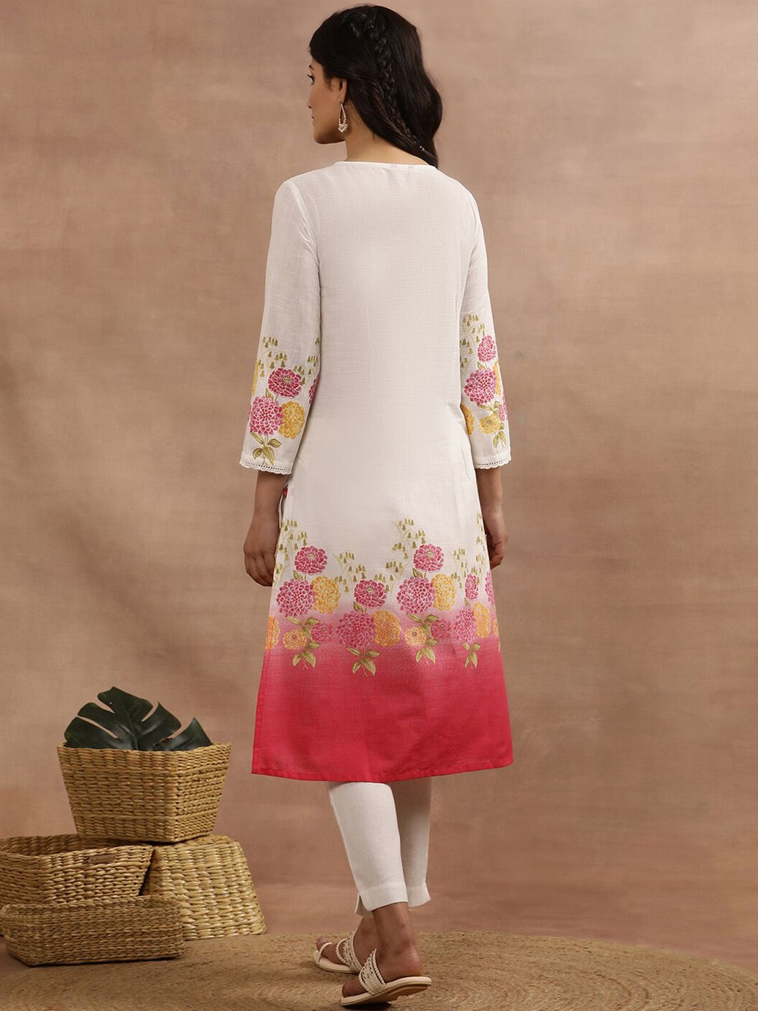 W Floral Printed Keyhole Neck Thread Work Straight Pure Cotton Straight Kurta
