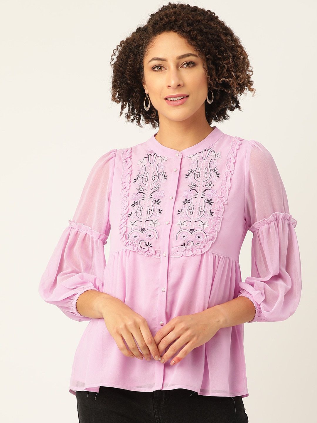 Antheaa Lavender Embroidered Mandarin Collar Puff Sleeves A-Line Top