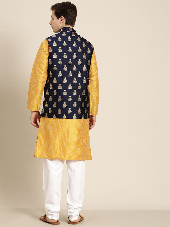 SOJANYA Lelaki Mustard Yellow & Beige Striped Thread Work Straight Kurta Churidar NehruJacket