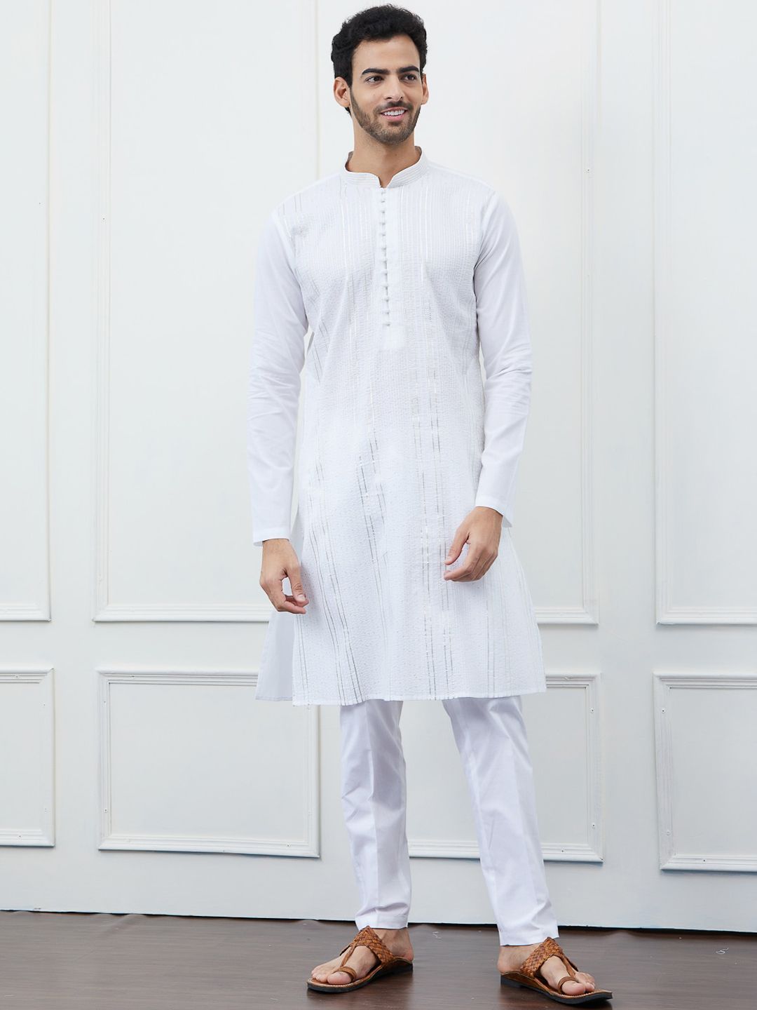 See Designs Striped Mandarin Collar Gotta Patti Cotton Kurta