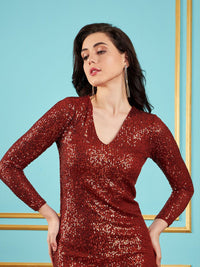 SASSAFRAS Rust V-Neck Sequinned Sheath Dress