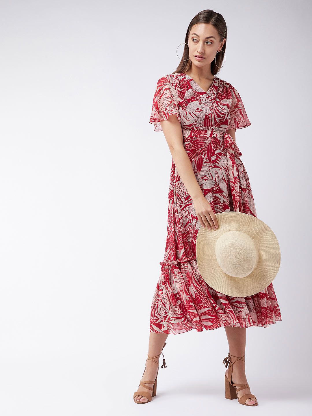 Miss Chase Maroon & Peach-Coloured Tropical Printed Gathered Chiffon Midi Dress