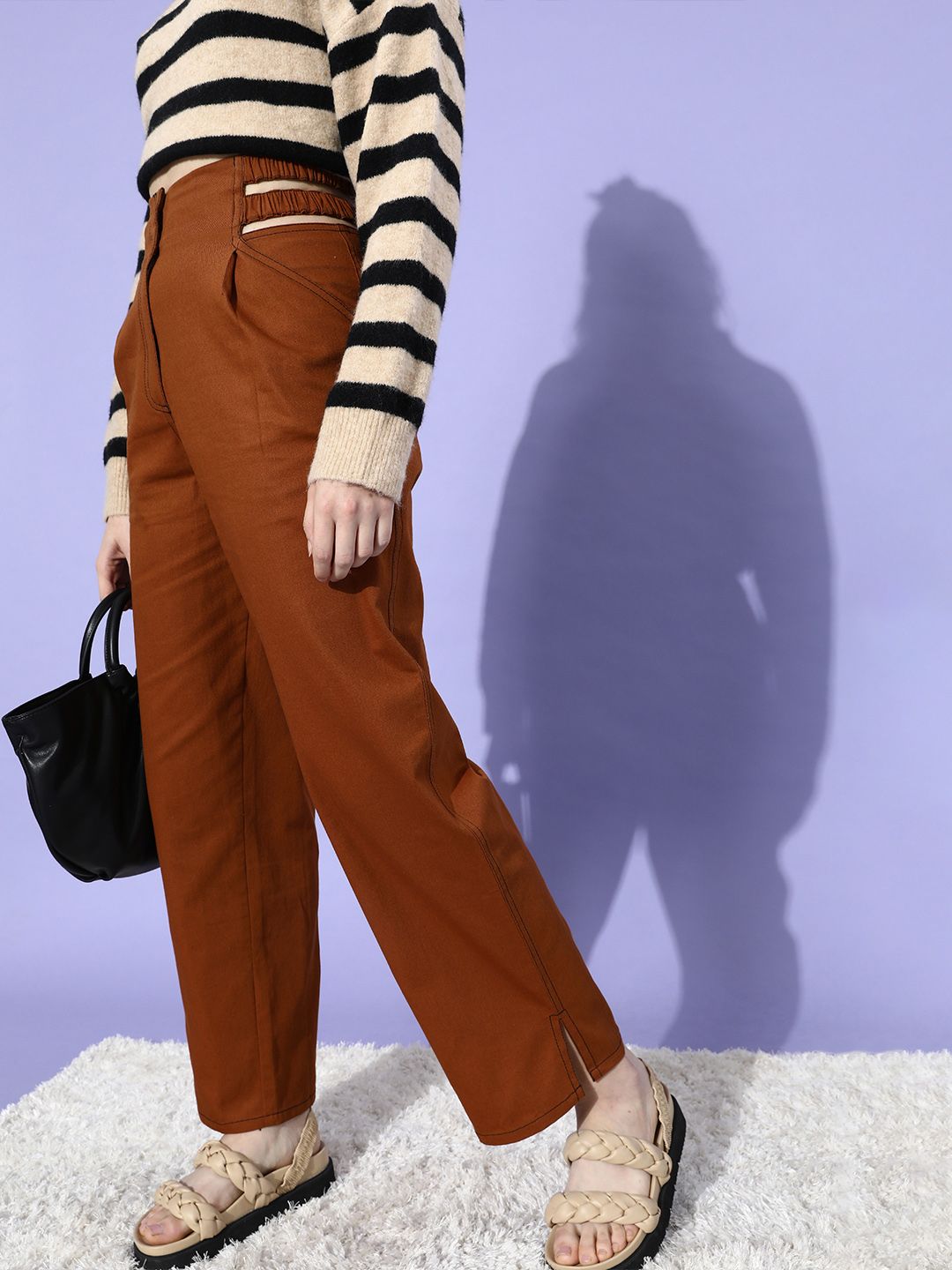 STREET 9 Women Chic Rust Solid High-Rise Trousers